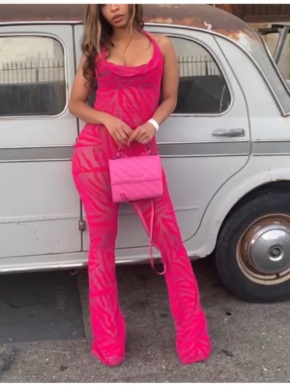 Pretty Little Thing PLT Hot Pink Zebra matching set pants halter